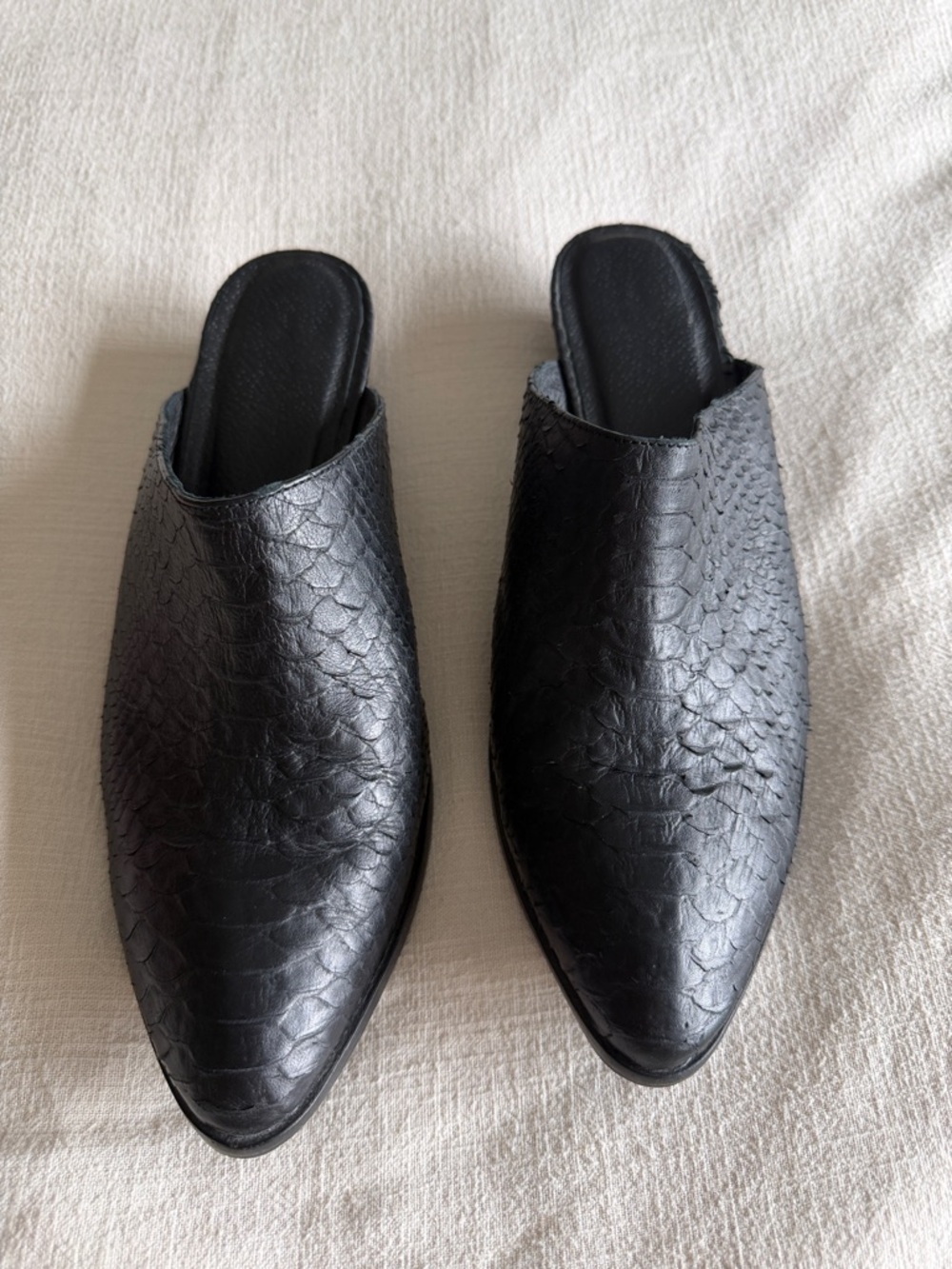 Matisse Clover Snake Skin Leather Mules Black Pointed Toe